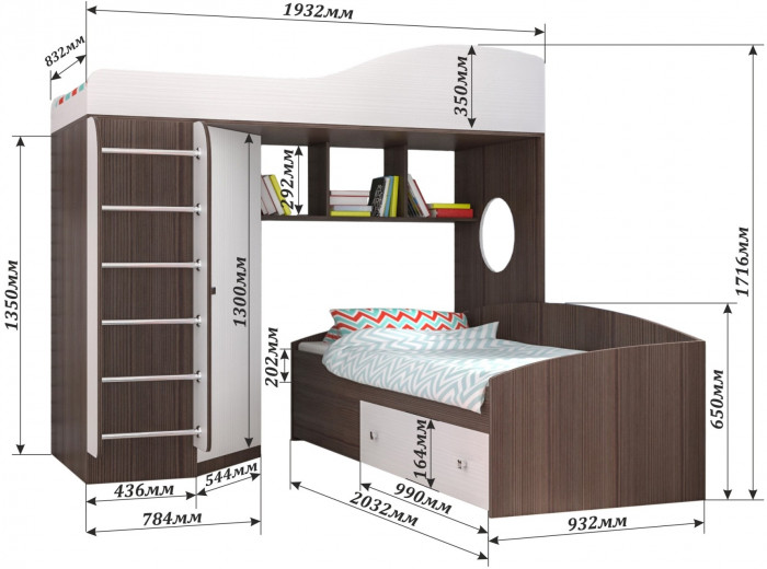 Кровать-чердак Кадет 2 с металлической лестницей (Ясень Анкор Темный/Белое дерево)