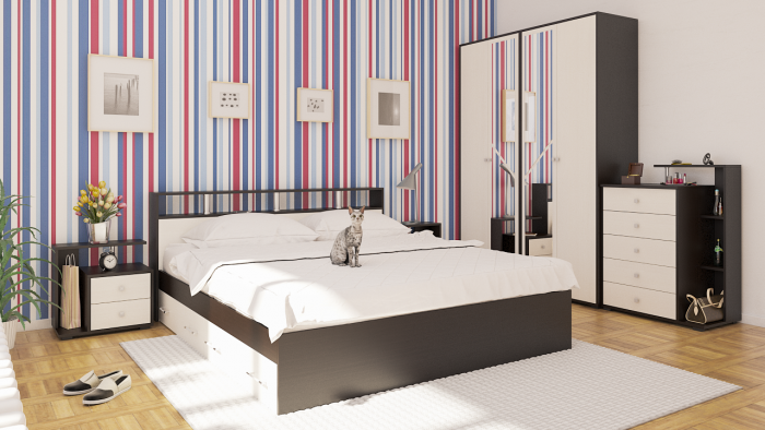 Камелия спальня № 11 Кровать с ящиками 1800 + Две тумбы + Комод + Шкаф 4-х створчатый, цвет венге/дуб лоредо, сп.м. 1800х2000 мм., б/м, основание есть