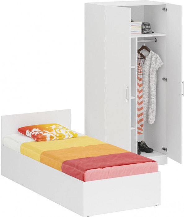 Кровать 0900 + Шкаф 2-х створчатый Стандарт, цвет белый, ШхГхВ 93,5х203,5х70 + 90х52х200 см., сп.м. 900х2000 мм., без матраса, основание есть