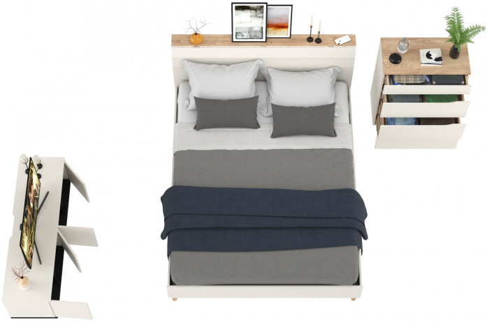 Муссон Кровать 11.41 + ортопед + Комод 13.97 + Тумба ТВ 13.276, цвет белый/чёрный/дуб эндгрейн элегантный, сп. м. 1600х2000 мм., б/м