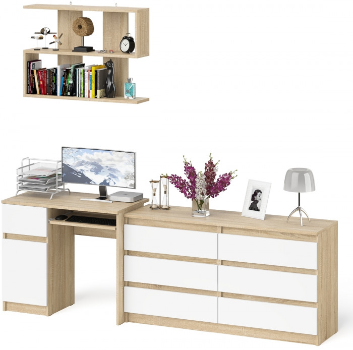 Мори компьютерный стол МС-1 левый + Комод МК1380.6 + Полка 900, дуб сонома/белый