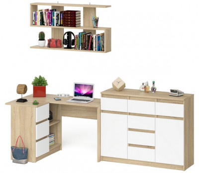 Мори компьютерный стол МС-16 левый + Комод МК1200.4 + Полка 1200, дуб сонома/белый
