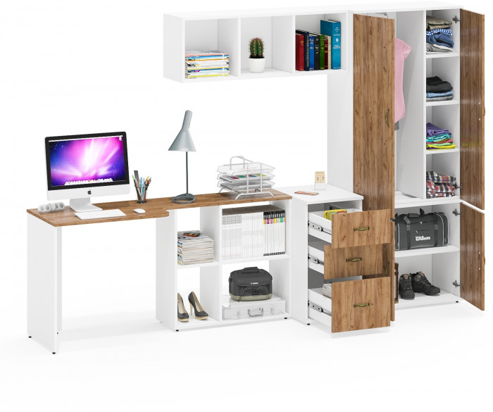 Лидер-8 Стол + Полка + Тумба МД 3.16 + Шкаф МД 20Б, цвет белый шагрень/крафт золото, ШхГхВ 285х50/37,5х75/190 или 115х200/50х75/190 см., НЕ ун. сб.