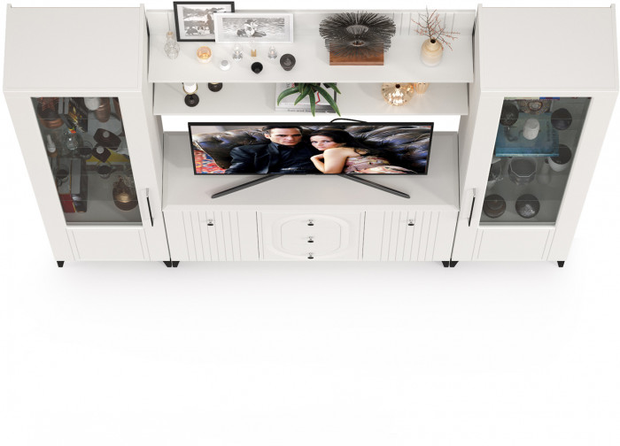 Валенсия Гостиная № 101, цвет ЛДСП белый шагрень/МДФ белый шагрень, ШхГхВ 243,2х38,4х225,2 см., ниша для ТВ 133х38х90 см.