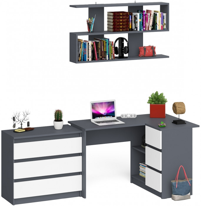 Мори компьютерный стол МС-16 правый + Комод МК800.1 + Полка 1200, графит/белый