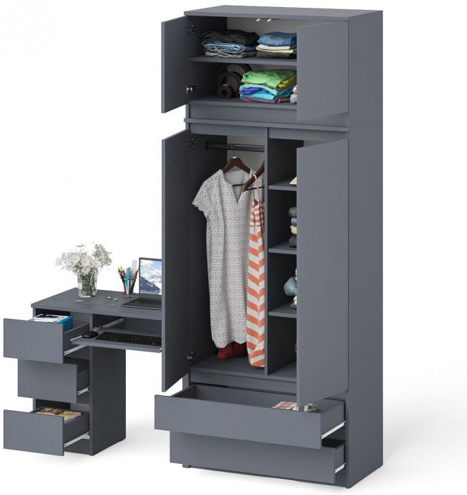 Мори Стол компьютерный МС-6 левый + Шкаф МШ900.1 + Антресоль МА900.1, цвет графит, ШхГхВ 180,4х50,4х234,2 см., выдвижные ящики слева, НЕ универс. сб.