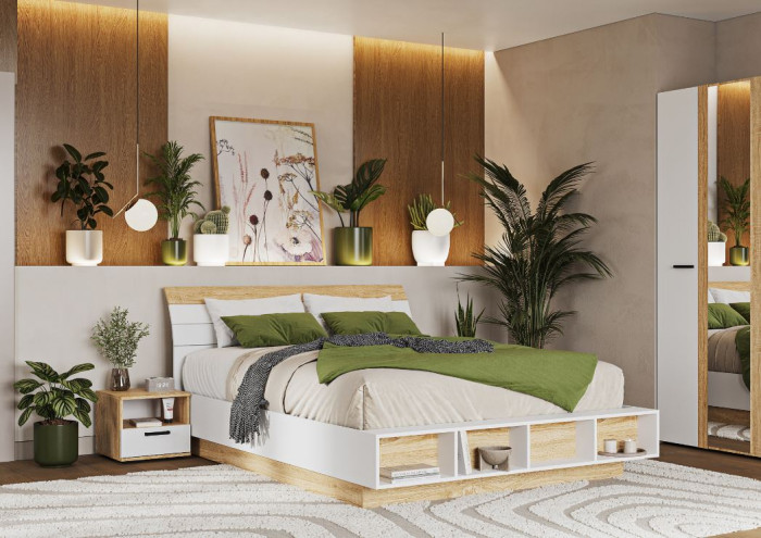 САНСА КР-02 Кровать 1.6х2.0 Фасад ДУБ СОНОМА/Корпус БЕЛЫЙ,ДУБ СОНОМА