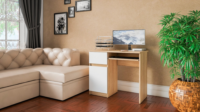 Мори Стол компьютерный МС-1 левый, цвет дуб сонома/белый, ШхГхВ 90х50х76,6 см., выдвижной ящик слева, НЕ универсальная сборка