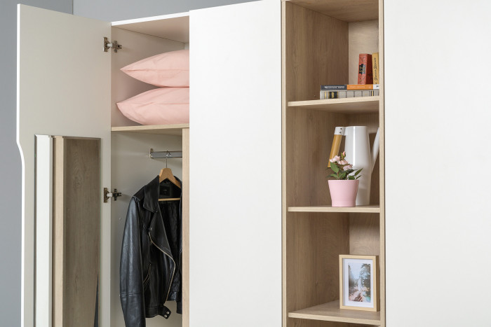 Муссон 13.198 Шкаф двухстворчатый, цвет белый/дуб эндгрейн элегантный, ШхГхВ 87,4х52,2х229,8 см., 2 ящика и зеркало внутри, универс. сборка наполнения