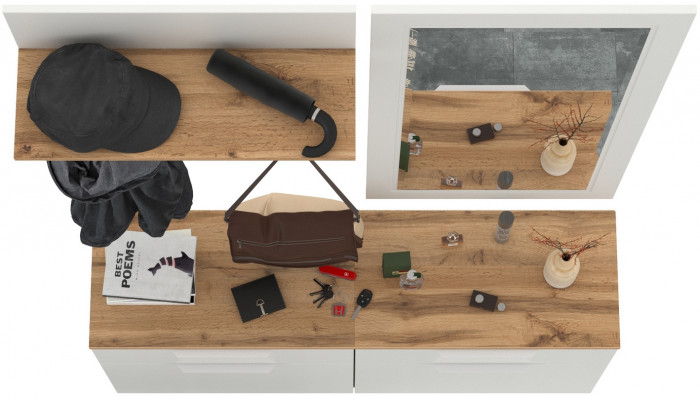 Октава Прихожая 40, цвет белый шагрень/дуб крафт золотой/фасады МДФ белый шагрень, ШхГхВ 129,8х35,4х197 см., универсальная сборка