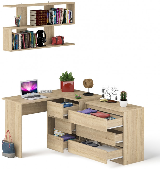 Мори компьютерный стол МС-16 правый + Комод МК800.1 + Полка 1200, дуб сонома