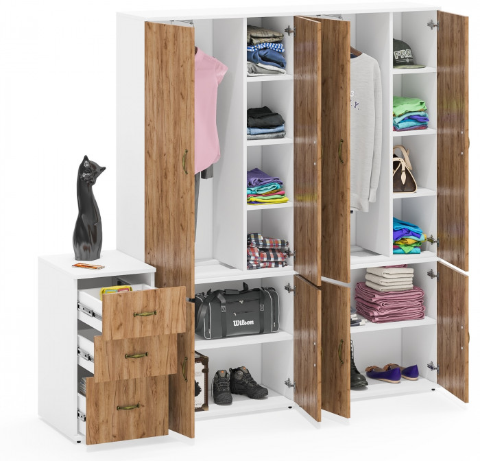 Лидер-8 Шкаф МД 20Б + Шкаф МД 20Б + Тумба МД 3.16, цвет белый шагрень/крафт золото, ШхГхВ 200х50х190 см., НЕ универсальная сборка