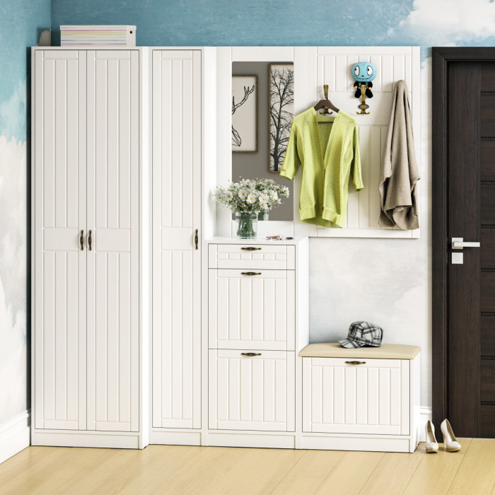 Прихожая П-6-350 Пенал, цвет белая шагрень/фасады МДФ белое дерево фрезеровка прованс, ШхГхВ 30х35х210 см., универсальная сборка