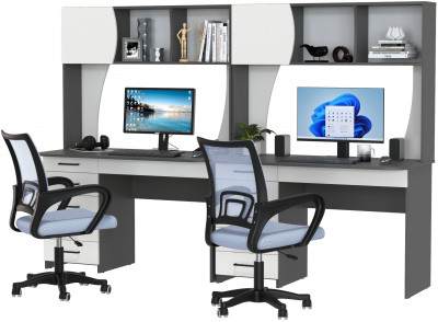 Два стола рабочих 6-0606 Сигма + два кресла 103 серых, цвет графит/белый, ШхГхВ 241х60,5х166 см., НЕ универсальная сборка