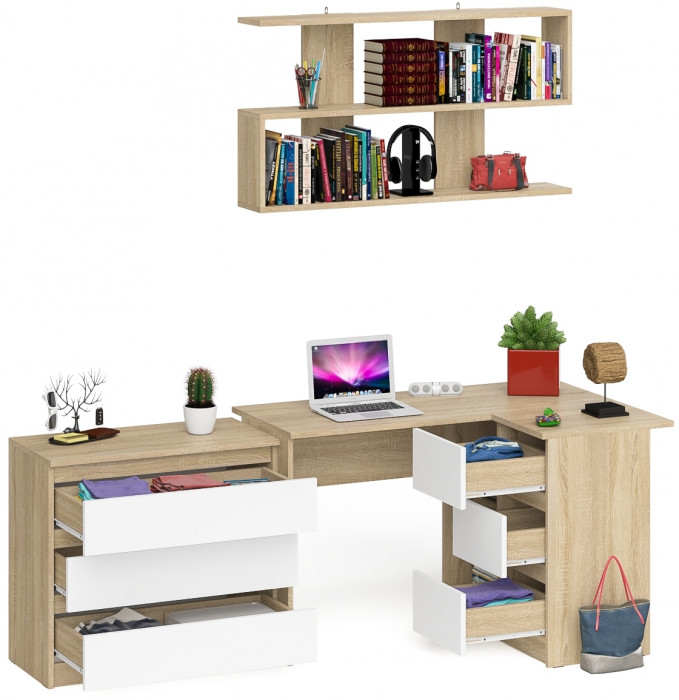 Мори компьютерный стол МС-16 правый + Комод МК800.1 + Полка 1200, дуб сонома/белый