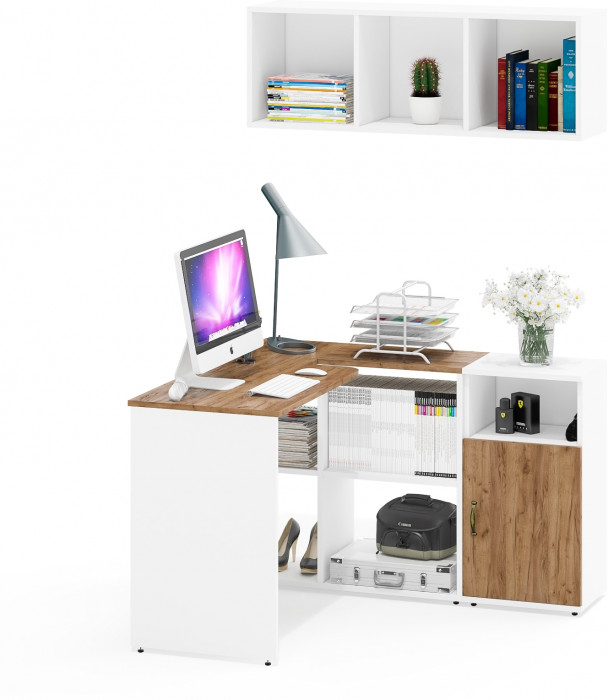 Лидер-8 Стол + Полка + Тумба МД 3.19, белый шагрень/крафт золото