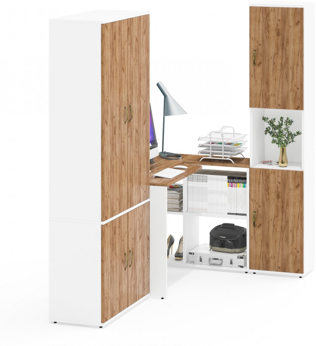 Лидер-8 Шкаф МД 20Б + Стол + Пенал, белый шагрень/крафт золото