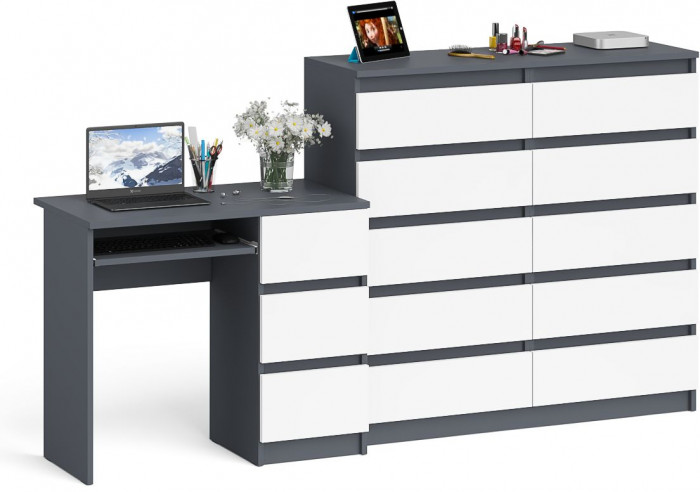 Мори компьютерный стол МС-6 правый + Комод МК1200.10, графит/белый