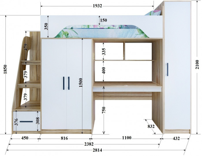 Кровать-чердак Тея + Шкаф, Белый/Ясень