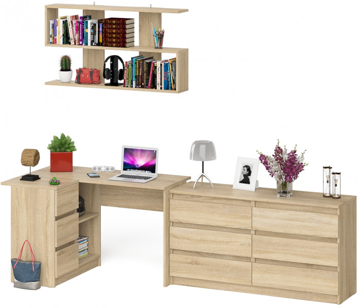 Мори компьютерный стол МС-16 левый + Комод МК1380.6 + Полка 1200, дуб сонома