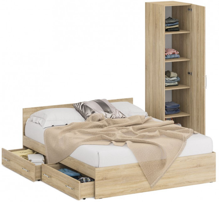 Кровать с ящиками 1600 + Пенал Стандарт, дуб сонома