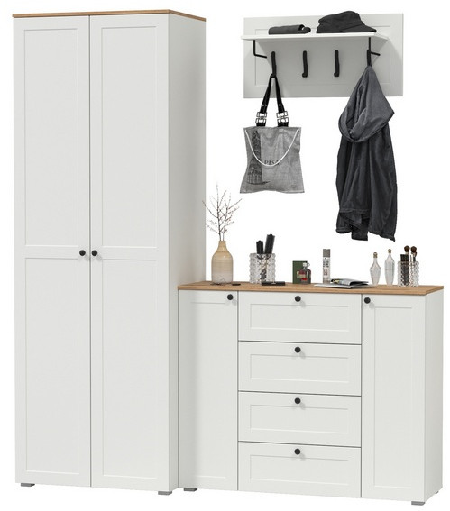 Остин Прихожая 15, цвет белый шагрень/дуб крафт золотой, ШхГхВ 200х54,3х229,6 см., универсальная сборка