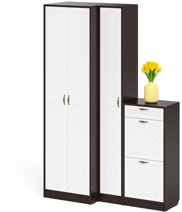 Прихожая П-6 Компоновка № 28, цвет венге/фасады МДФ белое дерево фрезеровка ромб, ШхГхВ 140х50х210 см., универсальная сборка