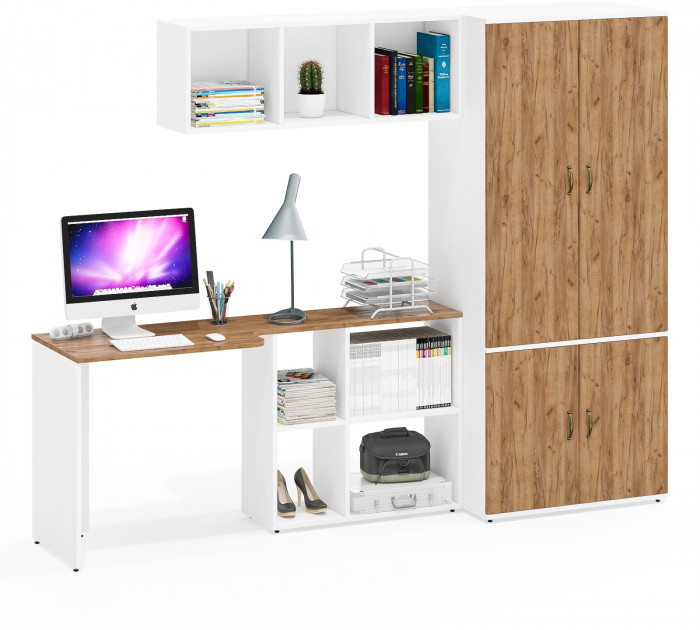 Лидер-8 Стол + Полка + Шкаф МД 19Б, белый шагрень/крафт золото