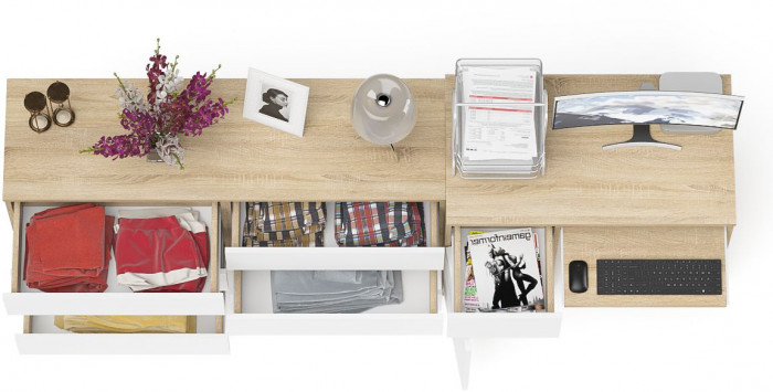 Мори компьютерный стол МС-1 левый + Комод МК1380.6, дуб сонома/белый