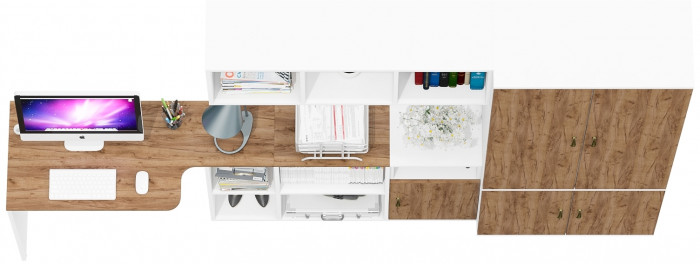 Лидер-8 Стол + Полка + Тумба МД 3.19 + Шкаф МД 20Б, цвет белый шагрень/крафт золото, ШхГхВ 285х50/37,5х75/190 или 115х200/50х75/190 см., НЕ ун. сб.