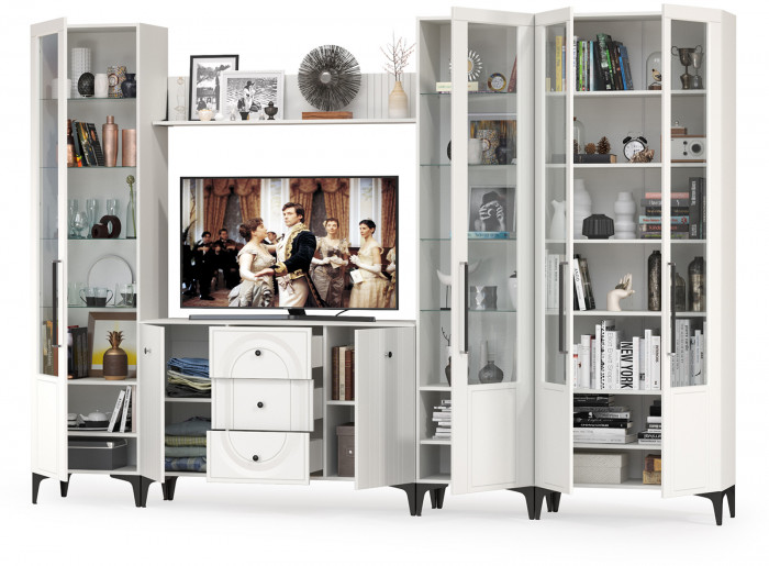 Валенсия Гостиная № 106, цвет ЛДСП белый шагрень/МДФ белый шагрень, ШхГхВ 327,3х38,4х225,2 см., ниша для ТВ 133х38х100 см., универсальная сборка