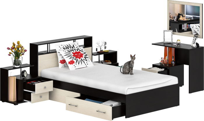 Камелия спальня № 13 Кровать с ящиками 1200 + Две тумбы + Стол косметич. + Зеркало, цвет венге/дуб лоредо, сп.м. 1200х2000 мм., б/м, основание есть