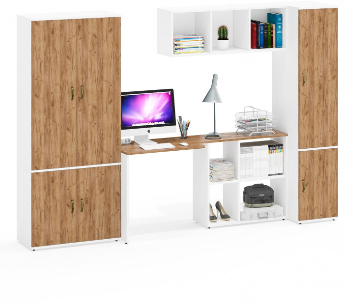 Лидер-8 Шкаф МД 20Б + Стол + Полка + Пенал 23Б, белый шагрень/крафт золото