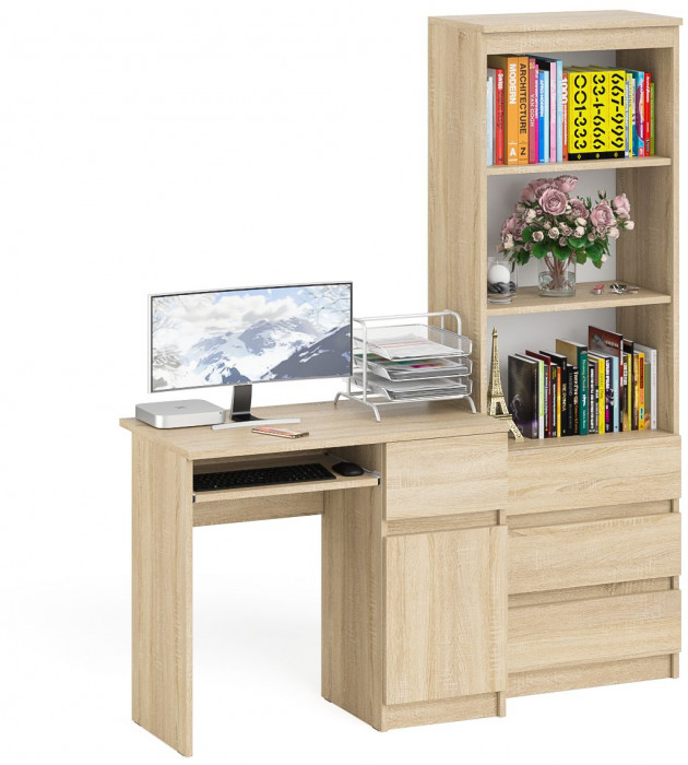 Мори Стол компьютерный МС-1 правый + Стеллаж МСТ600.3, цвет дуб сонома, ШхГхВ 150,4х50х179,6 см., выдвижной ящик справа, НЕ универсальная сборка