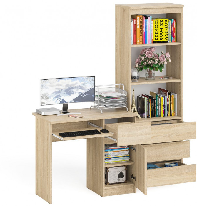 Мори Стол компьютерный МС-1 правый + Стеллаж МСТ600.3, цвет дуб сонома, ШхГхВ 150,4х50х179,6 см., выдвижной ящик справа, НЕ универсальная сборка