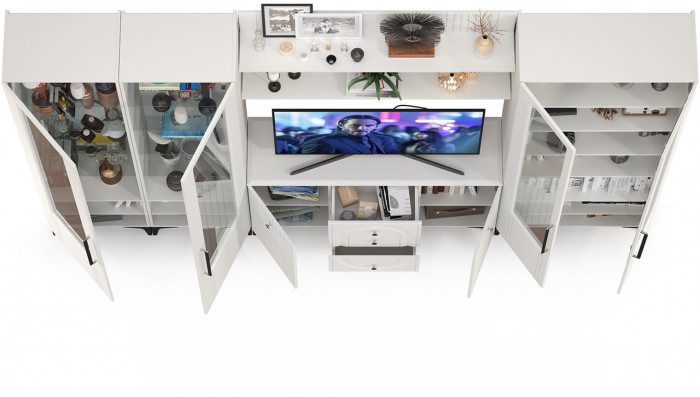 Валенсия Гостиная № 107, цвет ЛДСП белый шагрень/МДФ белый шагрень, ШхГхВ 327,3х38,4х225,2 см., ниша для ТВ 133х38х90 см., универсальная сборка