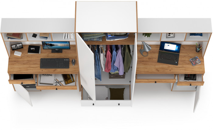 Вуди Компоновка № 28, цвет белый премиум/дуб крафт золотой, ШхГхВ 306х52,7х205 см., универсальная сборка