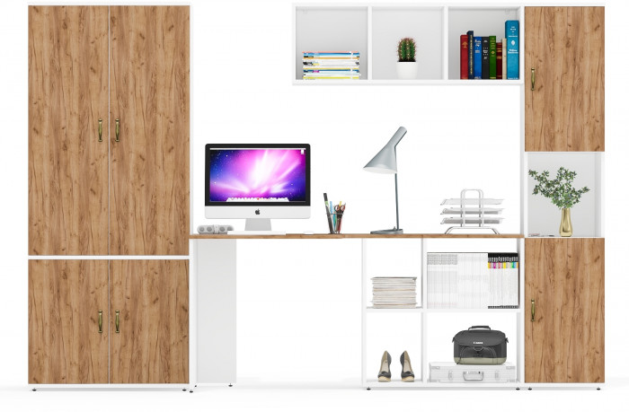 Лидер-8 Шкаф МД 20Б + Стол + Полка + Пенал, белый шагрень/крафт золото