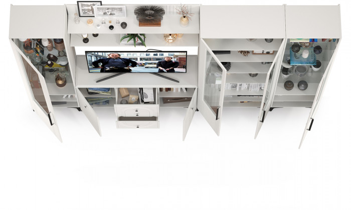 Валенсия Гостиная № 108, цвет ЛДСП белый шагрень/МДФ белый шагрень, ШхГхВ 327,3х38,4х225,2 см., ниша для ТВ 133х38х90 см., универсальная сборка