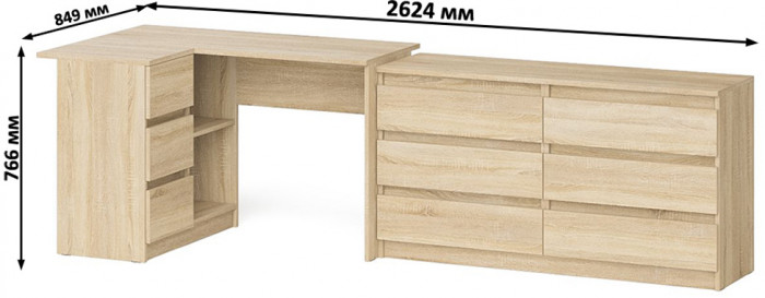 Мори компьютерный стол МС-16 левый + Комод МК1380.6, дуб сонома