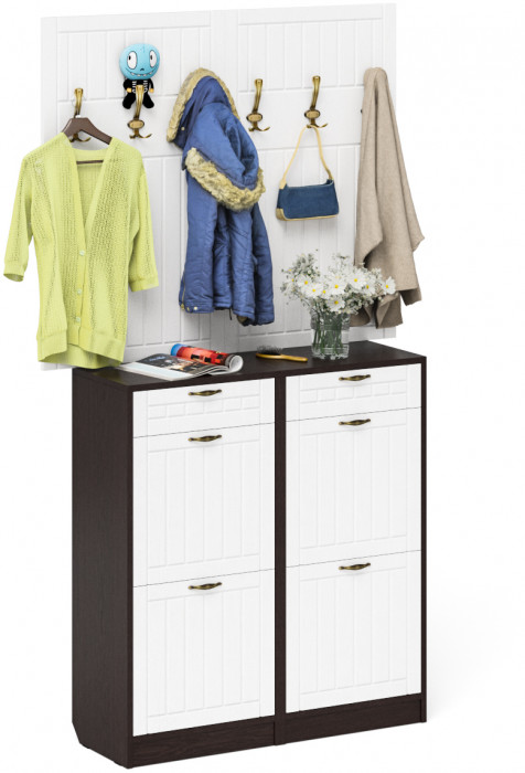 Прихожая П-6 Компоновка № 04, венге/фасады МДФ белое дерево фрезеровка прованс