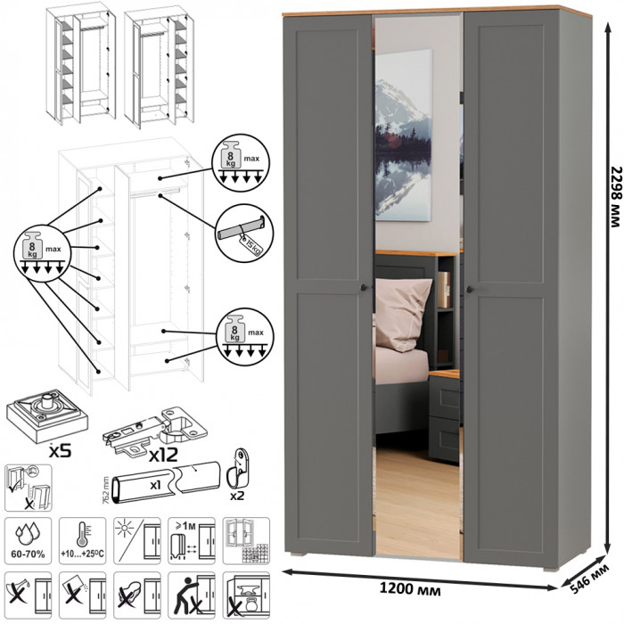Остин 13.336.03 Шкаф для одежды(три двери, на средней есть зеркало), цвет серый графит/дуб крафт золотой, ШхГхВ 120х54,6х229,8 см., ун. сборка