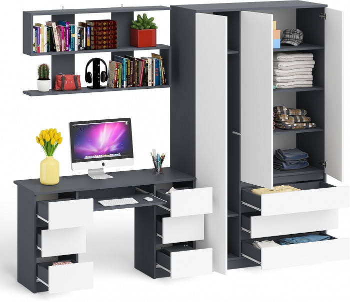 Мори компьютерный стол МС-2 + Шкаф МШ1200.1 + Полка 1200, графит/белый