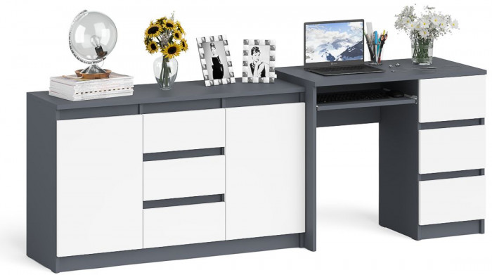 Мори компьютерный стол МС-6 правый + Комод МК1200.3, графит/белый