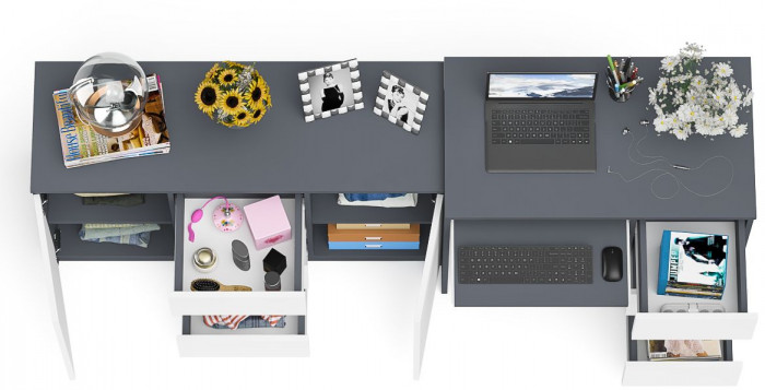 Мори компьютерный стол МС-6 правый + Комод МК1200.3, графит/белый