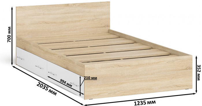 Мори Кровать с ящиками 1200, цвет дуб сонома/белый, ШхГхВ 123,5х203,5х70 см., сп.м. 1200х2000 мм., без матраса, основание есть
