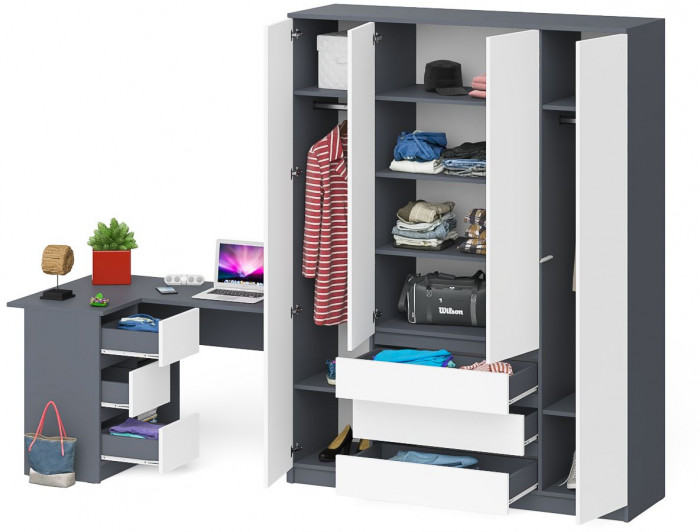 Мори компьютерный стол МС-16 левый + Шкаф МШ1600.1, графит/белый