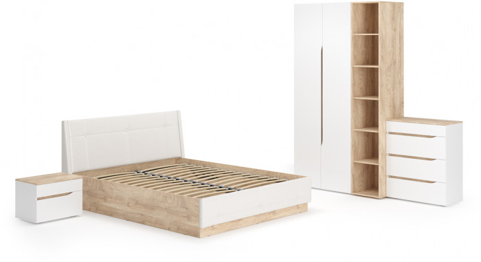 Муссон Спальня № 04, цвет белый/дуб эндгрейн элегантный/искусственная кожа белая, подъёмный ортопед, сп. м. 1600х2000 мм., б/м