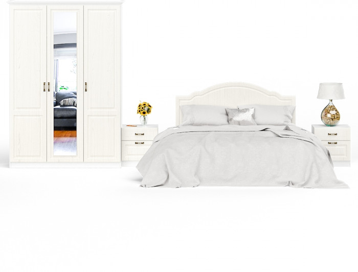 Ливерпуль Спальня № 1 Кровать 11.08ОСН + две Тумбы 08.146 + Шкаф 08.45Н + карниз, ясень ваниль/белый