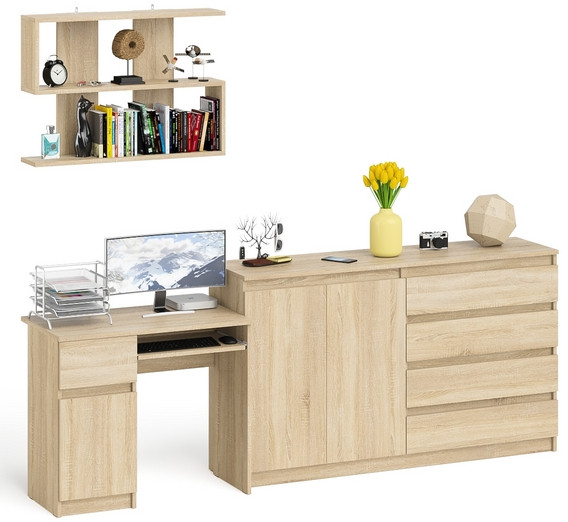Мори компьютерный стол МС-1 левый + Комод МК1600.1 + Полка 900, дуб сонома